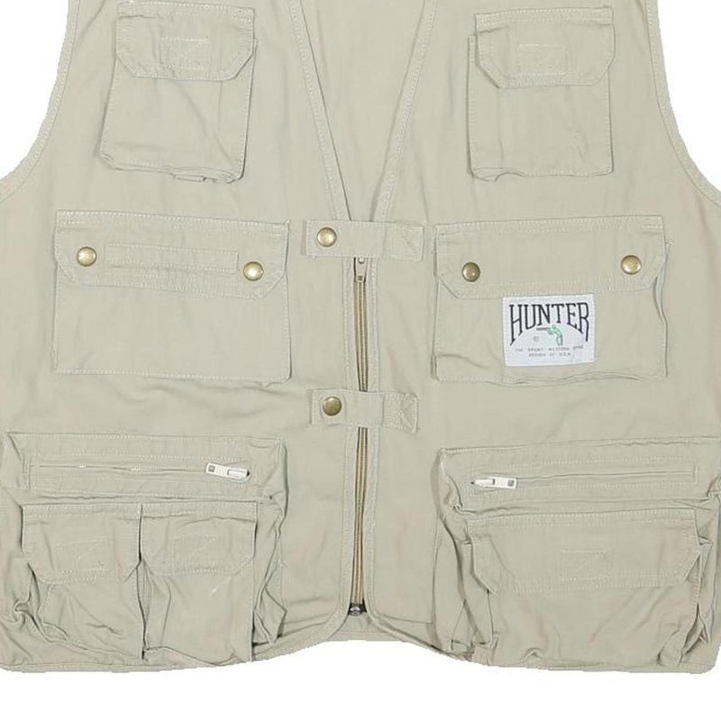 HUNTER SPORT Mens Beige Cotton Blend Utility Vest L Multi Pocket Zip Casual