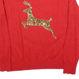 H&M Womens Red Gold Sequin Reindeer Patterned Wool Blend Jumper Crew Neck M
