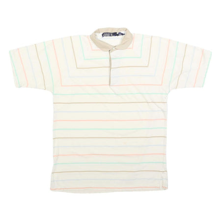 TEE TOP Mens Cream Polo Shirt M Cotton Blend Short Sleeve Striped Casual
