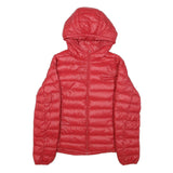 BENETTON Womens Red Hooded Puffer Jacket S Woven Down Plain Zip Lightweight Warm
