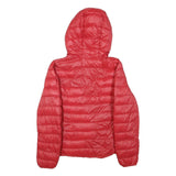 BENETTON Womens Red Hooded Puffer Jacket S Woven Down Plain Zip Lightweight Warm