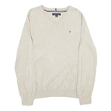 TOMMY HILFIGER Mens Beige Cotton Patterned V-Neck Basic Knit Jumper L Classic