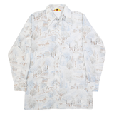 BAYMARKET Mens White & Light Blue Abstract Print Faux Silk Shirt L Relaxed Fit