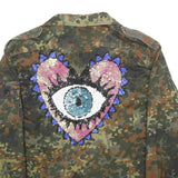 Womens Green & Brown Camouflage Sequin Eye Embroidered Zip Jacket XL Polyester