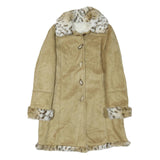 Womens Beige Leather Button Jacket L Faux Fur Collar Cuff Hem Trimmed