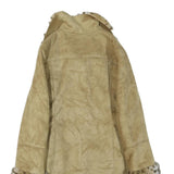 Womens Beige Leather Button Jacket L Faux Fur Collar Cuff Hem Trimmed