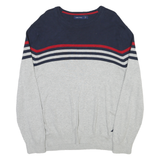 NAUTICA Mens Navy & Grey Striped Plain Crew Neck Basic Knit Jumper L Cotton