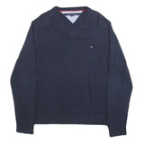 TOMMY HILFIGER Mens Navy Plain Cotton Blend Regular Fit V-Neck Jumper L Classic