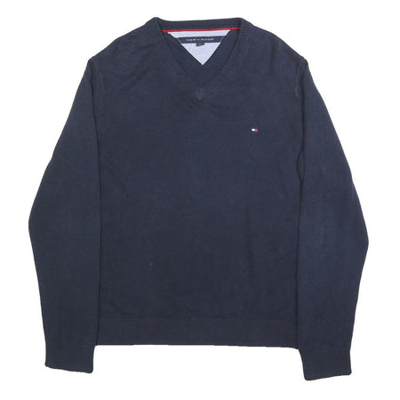 TOMMY HILFIGER Mens Navy Plain Cotton Blend Regular Fit V-Neck Jumper L Classic