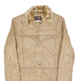NUAGE Womens Beige Button Jacket S Polyester Faux Fur Collar Pockets Classic