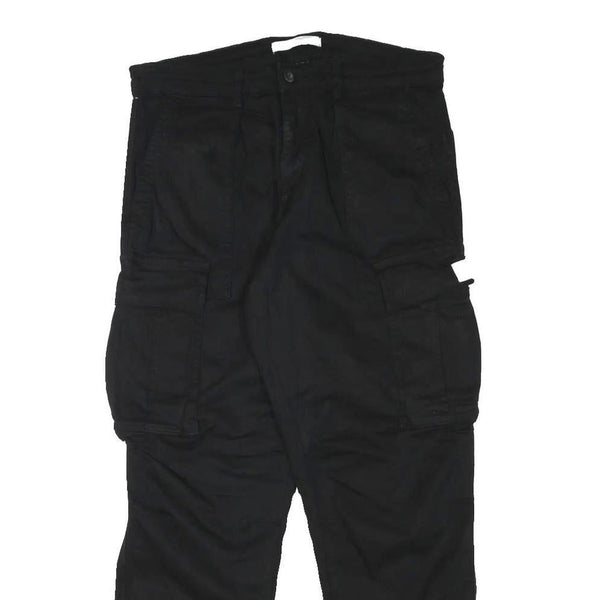ZARA Mens Relaxed Black Cotton Blend Cargo Trousers W32 L28 Casual Utility Style