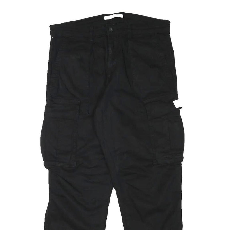 ZARA Mens Relaxed Black Cotton Blend Cargo Trousers W32 L28 Casual Utility Style