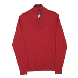 TOMMY HILFIGER Mens Red Cotton Blend Pullover Plain Half Zip Jumper L Casual