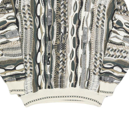 J. FERRAR Mens White & Beige Abstract Pattern Jumper 3D Cable Knit L Cotton