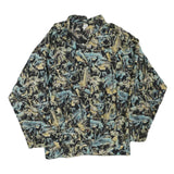 Womens Black & Blue Abstract Print Long Sleeve Button Neck Cotton Blend Top UK