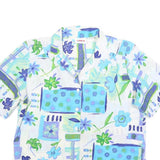 ALIA Womens Blue & Green Floral Print Top Short Sleeve Collared Shirt S