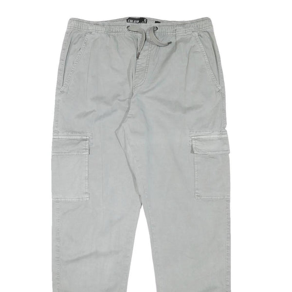 INDICODE Mens Cotton Blend Grey Regular Cargo Trousers W33 L31 Drawstring Waist