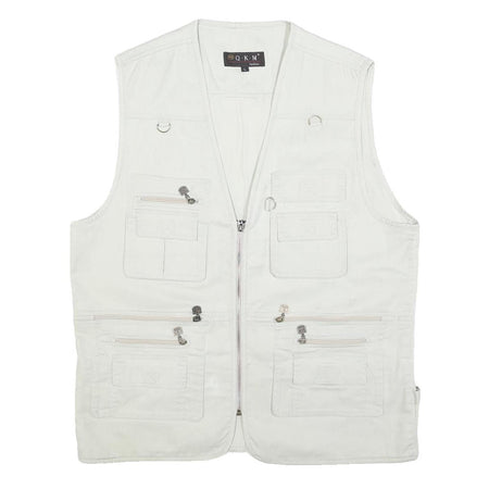 QKM Mens White Cotton Blend Utility Jacket L Multi Pocket Zip Casual