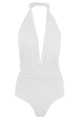 Eva White Halter Deep Plunge One Piece Swimsuit
