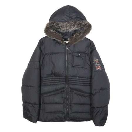 KENZO Girls Black Hooded Zip Jacket S Polyamide Plain Winter Coat Warm