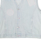 NORVIS Womens Blue Denim Sleeveless Button Jacket M Cotton Stripe Patch