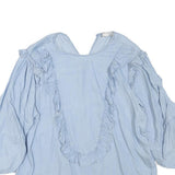 ZARA Womens Light Blue Ruffle Detail Blouse Long Sleeve V-Neck L Cotton Blend