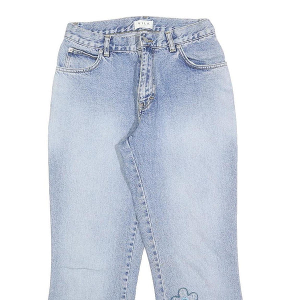 VILA Girls Regular Fit Light Blue Denim Jeans W26 L26 Embroidered Floral Design