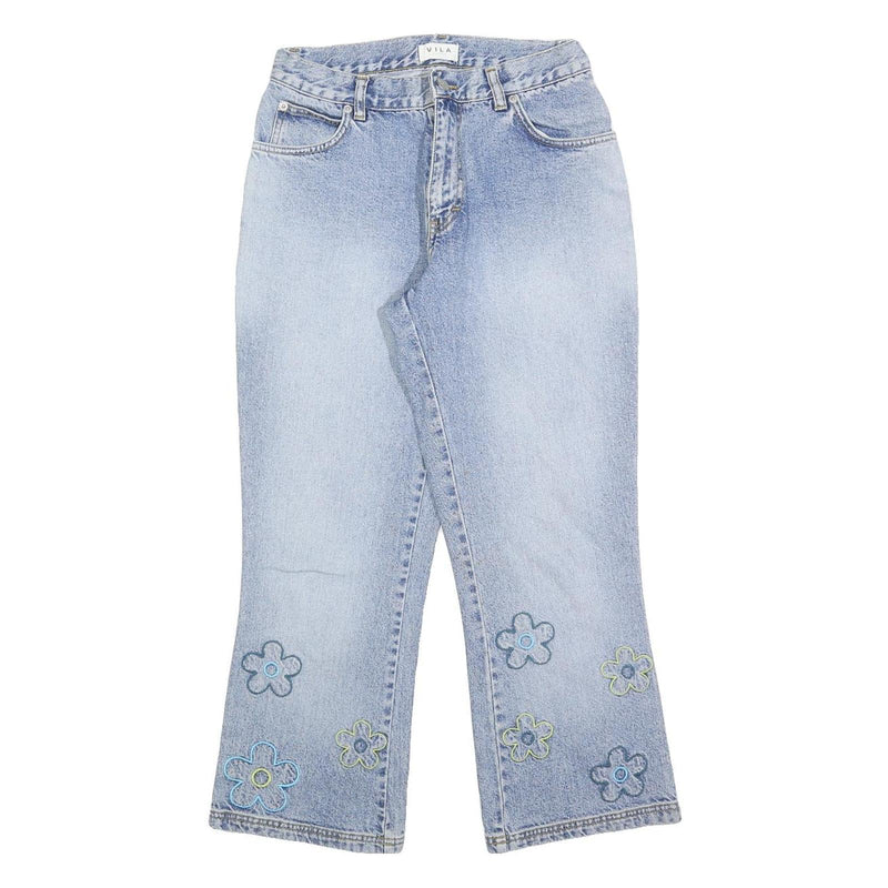 VILA Girls Regular Fit Light Blue Denim Jeans W26 L26 Embroidered Floral Design