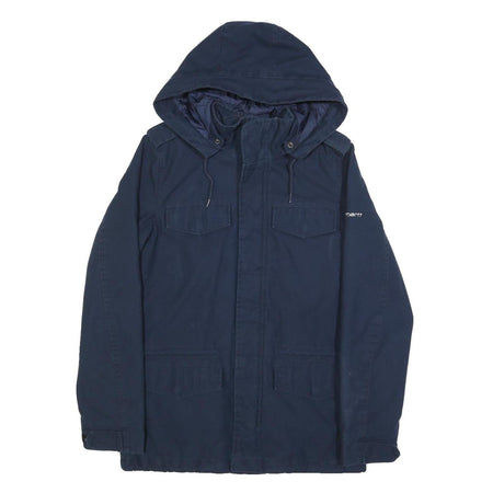 CARHARTT Mens Navy Blue Hooded Cotton Blend Jacket S Zip Casual Workwear