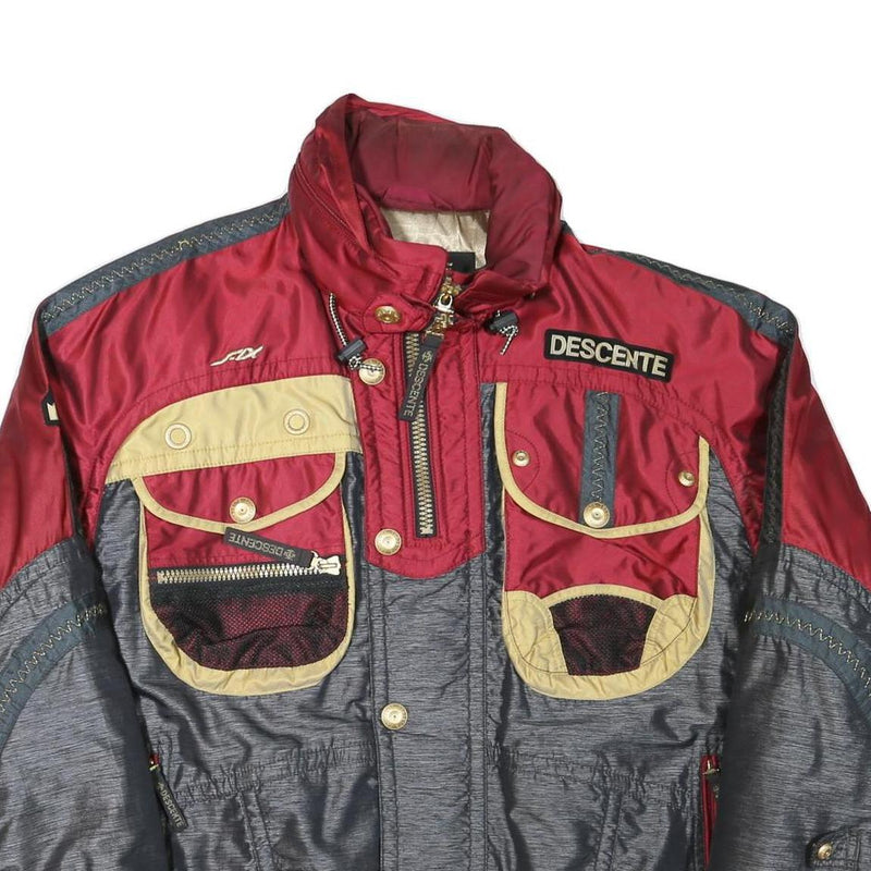DESCENTE Mens Red & Grey Outdoor Jacket L Polyester Blend Zip Pockets Sportswear