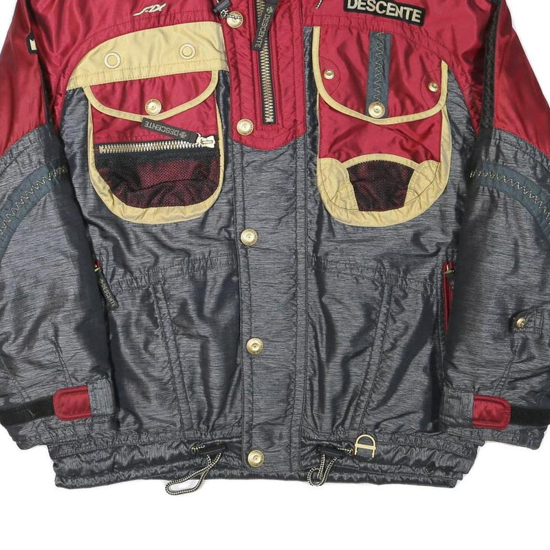 DESCENTE Mens Red & Grey Outdoor Jacket L Polyester Blend Zip Pockets Sportswear