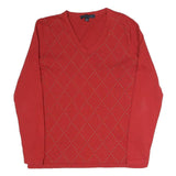TOMMY HILFIGER Womens Red Patterned V-Neck Basic Knit Jumper M Stylish Soft Fit