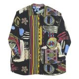 ERFE Womens Black Abstract Floral Shirt Dress Polyester Long Sleeve L Casual