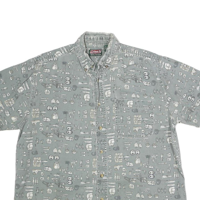 COLEMAN Mens Grey Cotton Short Sleeve Shirt L Printed Casual Button Down