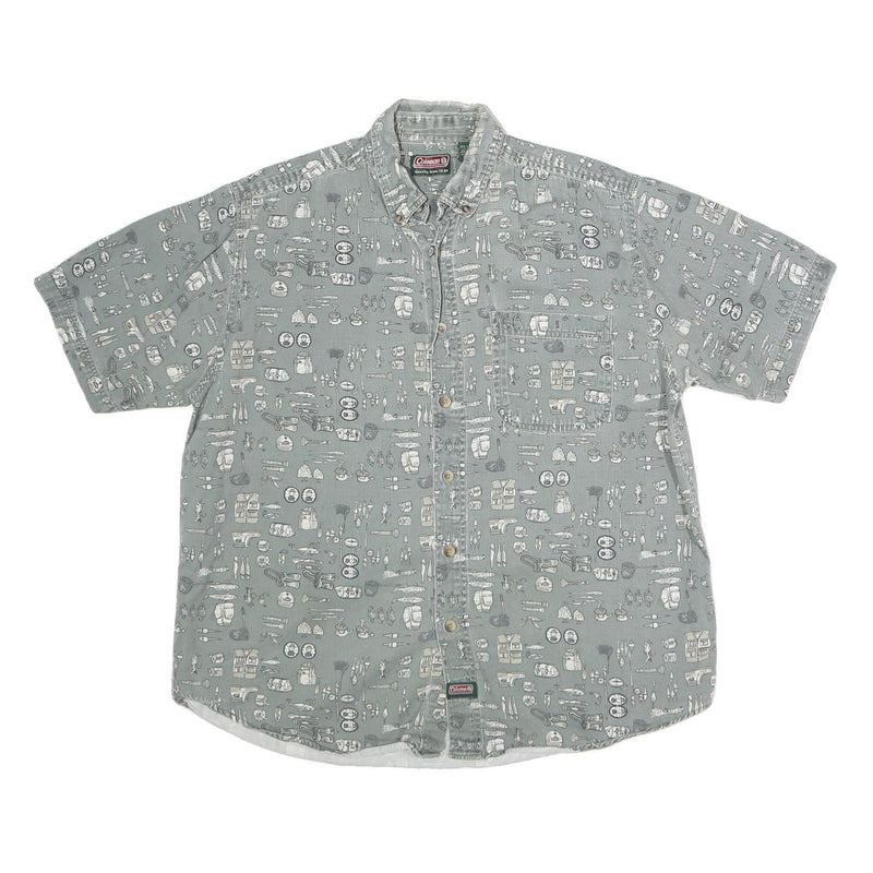 COLEMAN Mens Grey Cotton Short Sleeve Shirt L Printed Casual Button Down