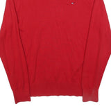 TOMMY HILFIGER Mens Red Plain V Neck Basic Knit Jumper XL Cotton Casual