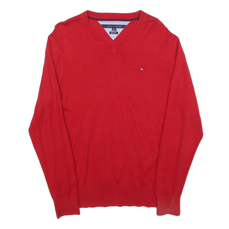 TOMMY HILFIGER Mens Red Plain V Neck Basic Knit Jumper XL Cotton Casual