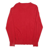 TOMMY HILFIGER Mens Red Plain V Neck Basic Knit Jumper XL Cotton Casual