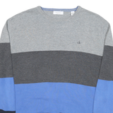CALVIN KLEIN Mens Grey & Blue Colourblock Pattern Crew Neck Basic Knit XL Cotton