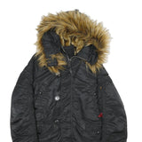ALPHA INDUSTRIES Womens Black Nylon Flight Jacket XS Faux Fur Hood Zip