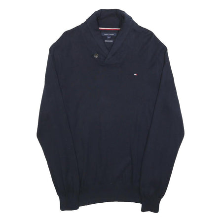 TOMMY HILFIGER Mens Navy Plain Pullover Shawl Collar Cotton Jumper M Stylish