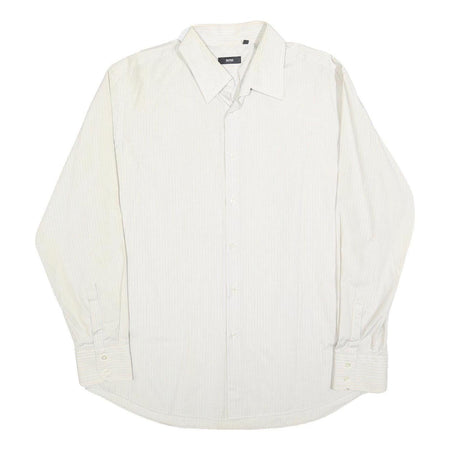 HUGO BOSS Mens White & Cream Striped Shirt L Smart Polyester Blend Formal