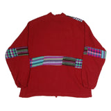 Mens Red Patterned Pullover Jumper Cotton Blend XL Patchwork Crew Neck Relaxed