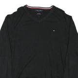 TOMMY HILFIGER Mens Black Plain V Neck Basic Knit Jumper XL Cotton Blend Casual