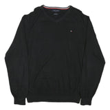 TOMMY HILFIGER Mens Black Plain V Neck Basic Knit Jumper XL Cotton Blend Casual