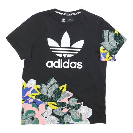 ADIDAS Womens Black Floral Print T-Shirt UK 12 Short Sleeve Crew Neck Cotton