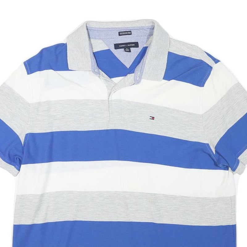 TOMMY HILFIGER Mens Blue & Grey Striped Short Sleeve Polo Shirt XL Cotton Blend