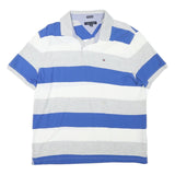 TOMMY HILFIGER Mens Blue & Grey Striped Short Sleeve Polo Shirt XL Cotton Blend