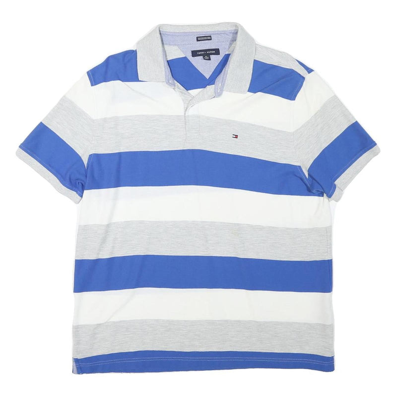 TOMMY HILFIGER Mens Blue & Grey Striped Short Sleeve Polo Shirt XL Cotton Blend