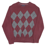 TOMMY HILFIGER Mens Maroon & Grey Patterned Jumper Crew Neck Basic Knit L Cotton